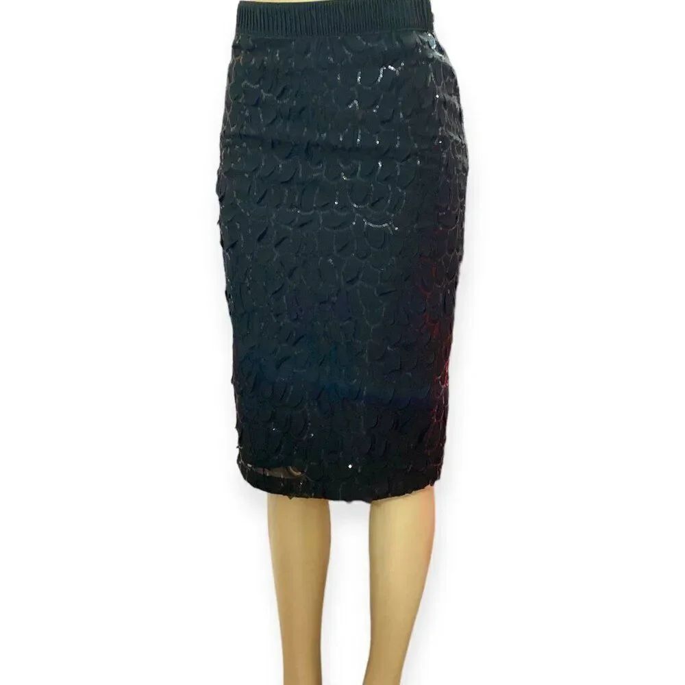 Black Sequins Scallop Detailed Formal Pencil Knee Length Skirt NEW